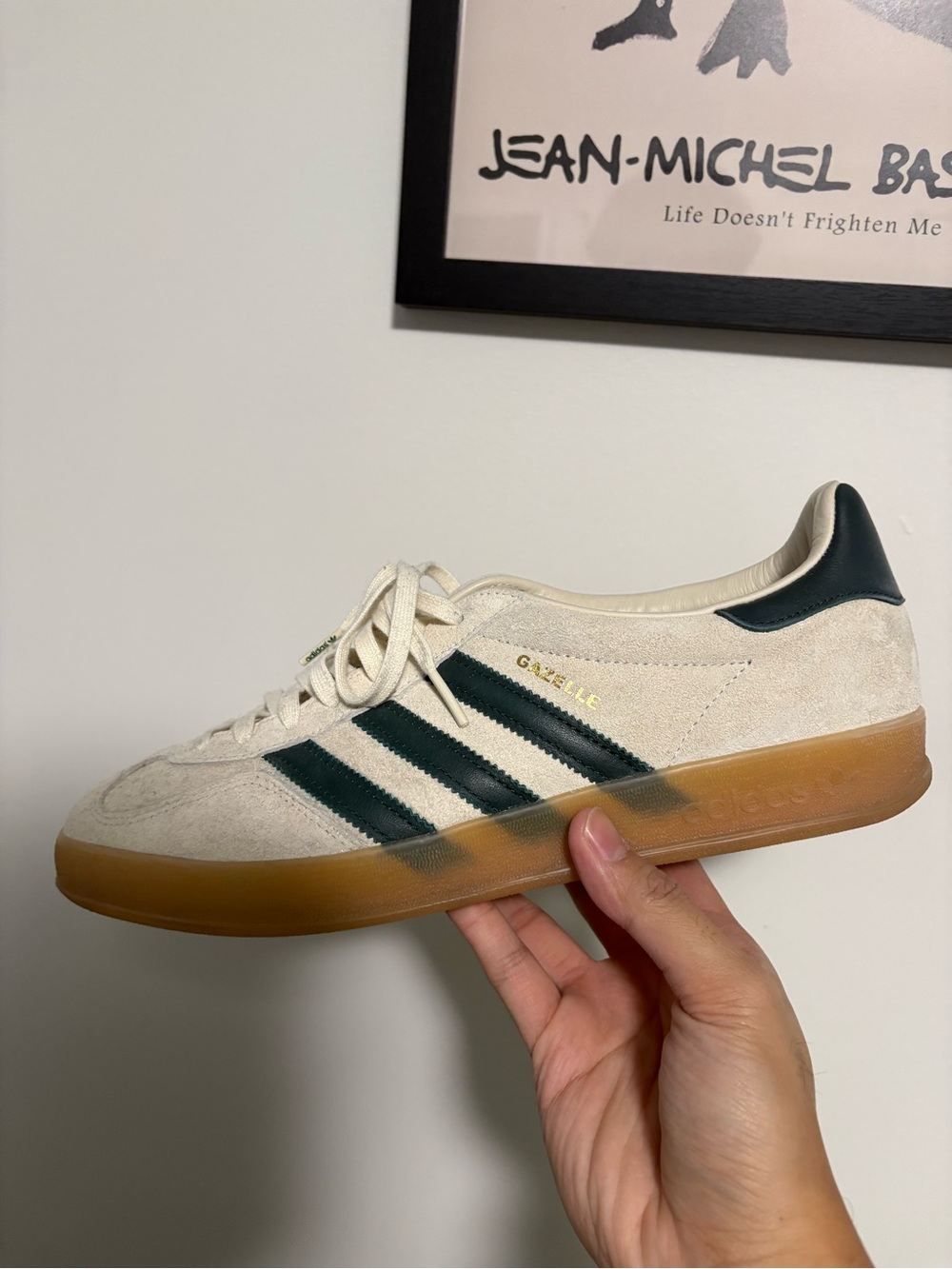 adidas Gazelle Men's Suede Sneaker - Off-White with Dark Green
